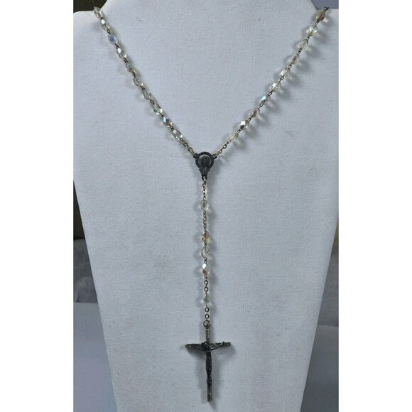 Vintage Crystal Glass Bead Catholic Rosary with Jesus Crucifix & Virgin Mary - Picture 2 of 14